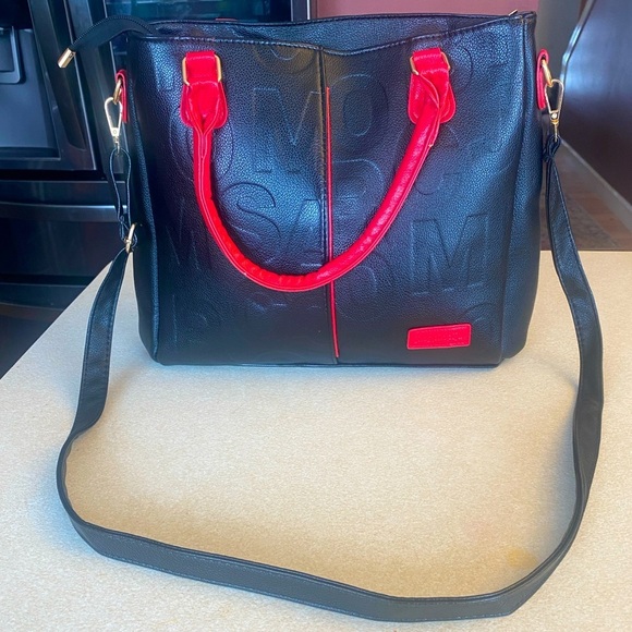 Black/Red Colorblock Geometric Embossed Lettering Crossbody Tote, NWOT - Picture 10 of 12